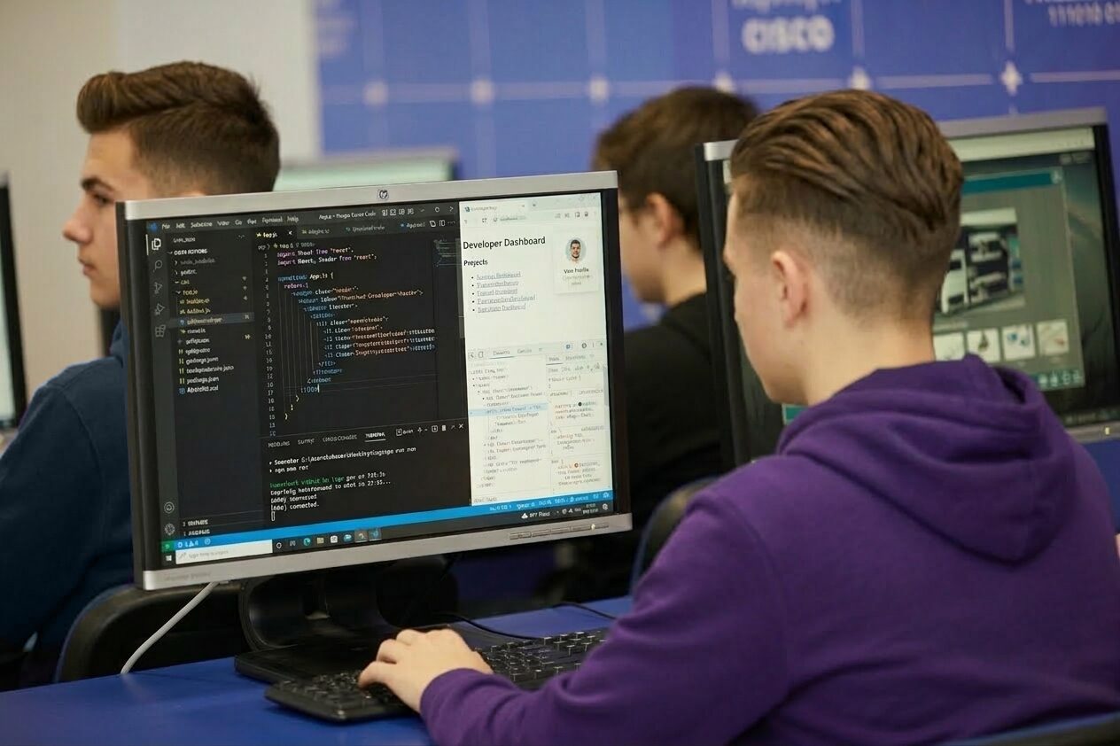 Студент в компьютерном классе работает над проектом: на экране редактор кода и панель проектов